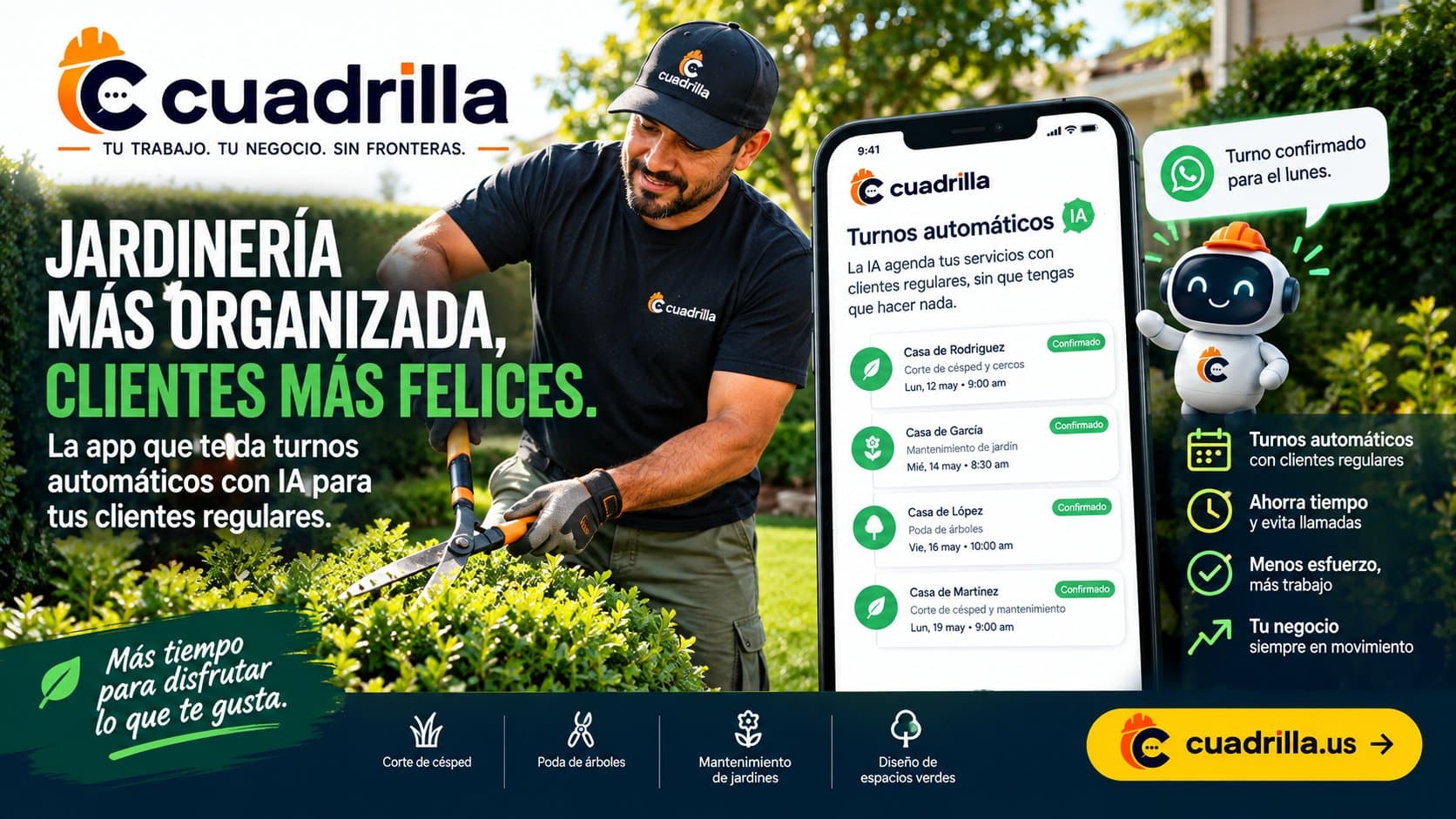 Jardinero usando Cuadrilla para agendar turnos automáticos con IA para clientes regulares